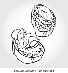 Hand drawn vector illustration of Italian crostini appetizers with ham, cheese, tomato and basil leaf on toasted bread.