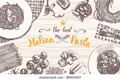 Hand drawn vector illustration of an Italian pasta on a wooden table top, sketch