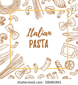 Hand drawn vector illustration - Italian food. Different kinds of pasta. Design elements in sketch style. Perfect for leaflets, cards, posters, prints, menu, booklets