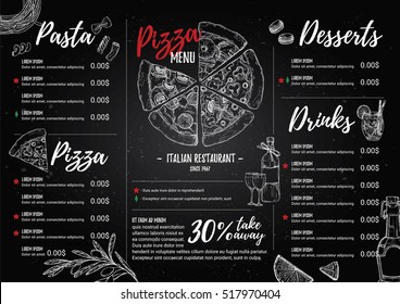 Hand drawn vector illustration - Italian menu. Pasta and Pizza. Perfect for restaurant brochure, cafe flyer, delivery booklet. Design template with illustrations in sketch style.
