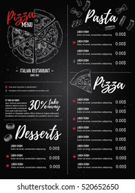 Hand drawn vector illustration - Italian menu. Pasta and Pizza. Perfect for restaurant brochure, cafe flyer, delivery booklet. Design template with illustrations in sketch style.