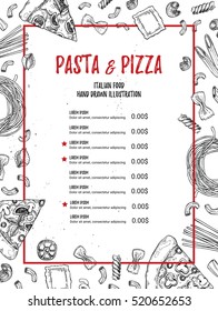 Hand drawn vector illustration - Italian menu. Pasta and Pizza. Perfect for restaurant brochure, cafe flyer, delivery booklet. Design template with illustrations in sketch style.