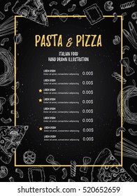 Hand drawn vector illustration - Italian menu. Pasta and Pizza. Perfect for restaurant brochure, cafe flyer, delivery booklet. Design template with illustrations in sketch style.