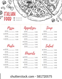 Hand drawn vector illustration - Italian menu. Pasta and Pizza. Perfect for restaurant brochure, cafe flyer, delivery leaflet. Design template with illustrations in sketch style.