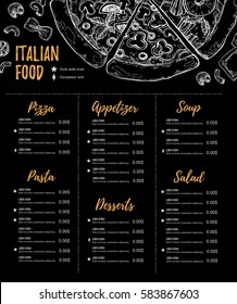 Hand drawn vector illustration - Italian menu. Pasta and Pizza. Perfect for restaurant brochure, cafe flyer, delivery booklet. Design template with illustrations in sketch style.