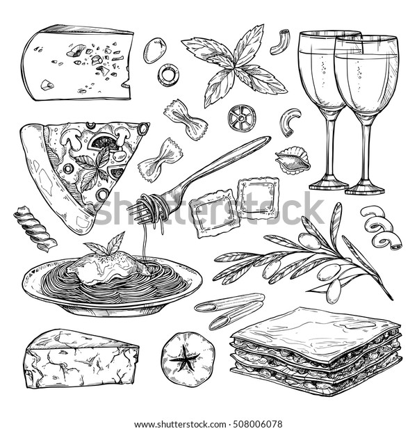 手描きのベクターイラスト イタリア料理 パスタの種類が違う ピザ オリーブ トマト バジル ラザニア ワイン チーズ スケッチスタイルのエレメントをデザインします メニュー カード ブログ バナーに最適 のベクター画像素材 ロイヤリティフリー 508006078