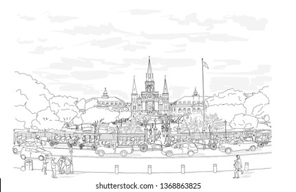 Hand drawn vector illustration. Jackson Square in the French Quarter in New Orleans on a busy day, with the St. Louis Cathedral rising above the beautiful park.