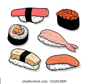 A hand drawn vector illustration of Japanese sushi set, isolated with shadow backdrop.
