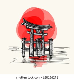 Hand drawn vector illustration of japanese gate Torii. Red sun on background.