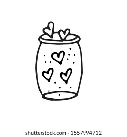 Hand drawn vector illustration of jar filled with hearts, wedding and romance concept, cards, banners, sticker illustration isolated on white background. Isolated vector on white