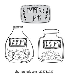 Hand drawn vector illustration with jars of homemade Strawberry and Blueberry jams. Design  for food tag and food label decoration. Black and white version.
