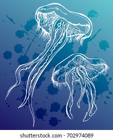 Hand drawn vector illustration jellyfish in outline style on a dark turquoise background. Sea life.