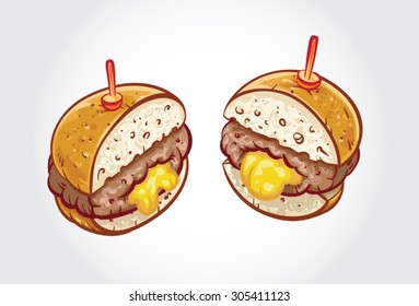 Hand drawn vector illustration of a Juicy Lucy Burger on white background.