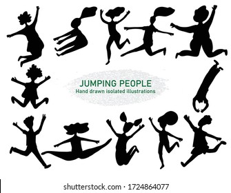 Hand drawn vector illustration of  jumping people. Silhouette of activity, freedom, healthy lifestyle. Isolated black elements for cards, posters, stickers and design. Jumping set