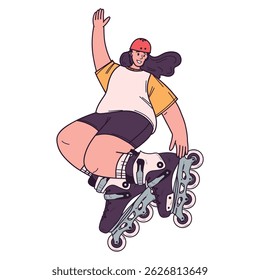 Hand drawn vector illustration of jumping teenager in inline skates