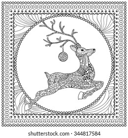 Hand Drawn Vector Illustration of Jumping Deer silhouette with decorative ornament, Merry Christmas Card.Vector illustration for coloring book page design. Ornamental border and frame
