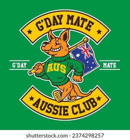 Hand Drawn Vector Illustration Kangaroo in Patch Design Style G'Day Mate Aussie Club