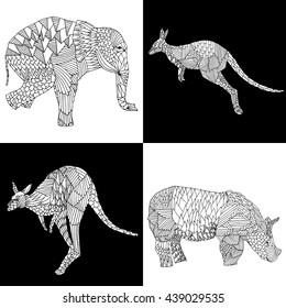 Hand drawn vector illustration: kangaroo, rhino and elephant