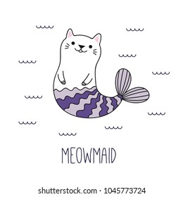 Hand drawn vector illustration of a kawaii funny cat mermaid swimming in the sea. Isolated objects on white background. Line drawing. Design concept for children print.