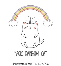 Hand drawn vector illustration of a kawaii funny unicorn cat under the rainbow. Isolated objects on white background. Line drawing. Design concept for children print.