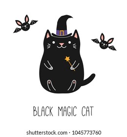 Hand drawn vector illustration of a kawaii funny black cat in a witch hat, holding magic wand, with flying bats. Isolated objects on white background. Line drawing. Design concept for children print.