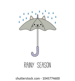 Hand drawn vector illustration of a kawaii funny umbrella with cat ears, under the rian. Isolated objects on white background. Line drawing. Design concept for rainy season children print.