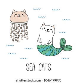 Hand drawn vector illustration of a kawaii funny cat mermaid, jellyfish, swimming in the sea. Isolated objects on white background. Line drawing. Design concept for children print.