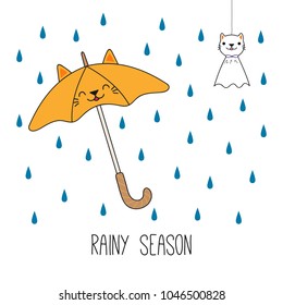 Hand drawn vector illustration of a kawaii cat umbrella, Japanese teruterubozu doll, under the rian. Isolated objects on white background. Line drawing. Design concept for rainy season children print.