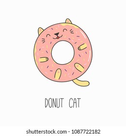 Hand drawn vector illustration of a kawaii funny donut with cat ears. Isolated objects on white background. Line drawing. Design concept for cat cafe menu, children print.