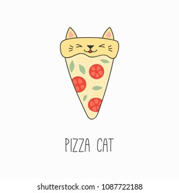 Hand drawn vector illustration of a kawaii funny pizza slice with cat ears. Isolated objects on white background. Line drawing. Design concept for cat cafe menu, children print.