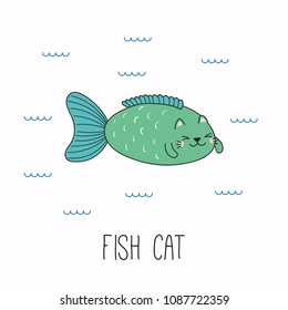 Hand drawn vector illustration of a kawaii funny cat fish, swimming in the sea. Isolated objects on white background. Line drawing. Design concept for children print.