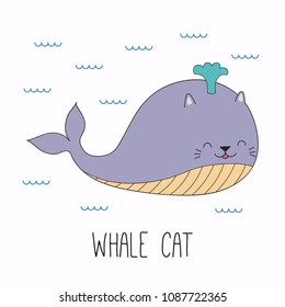 Hand drawn vector illustration of a kawaii funny cat whale, swimming in the sea. Isolated objects on white background. Line drawing. Design concept for children print.
