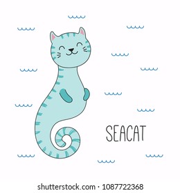 Hand drawn vector illustration of a kawaii funny cat seahorse, swimming in the sea. Isolated objects on white background. Line drawing. Design concept for children print.