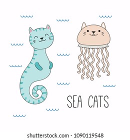 Hand drawn vector illustration of a kawaii funny cat seahorse, jellyfish, swimming in the sea. Isolated objects on white background. Line drawing. Design concept for children print.