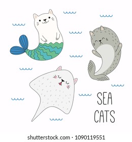 Hand drawn vector illustration of a kawaii funny cat mermaid, stingray, seal, swimming in the sea. Isolated objects on white background. Line drawing. Design concept for children print.