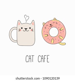 Hand drawn vector illustration of a kawaii funny steaming mug cup and donut with cat ears. Isolated objects on white background. Line drawing. Design concept for cat cafe menu, children print.