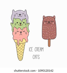 Hand drawn vector illustration of a kawaii funny ice cream cone and bar with cat ears. Isolated objects on white background. Line drawing. Design concept for cat cafe menu, children print.