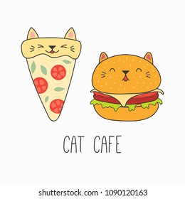 Hand drawn vector illustration of a kawaii funny pizza slice and burger with cat ears. Isolated objects on white background. Line drawing. Design concept for cat cafe menu, children print.