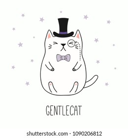 Hand drawn vector illustration of a kawaii funny gentleman cat in a top hat, bow tie, with monocle. Isolated objects on white background. Line drawing. Design concept for children print.