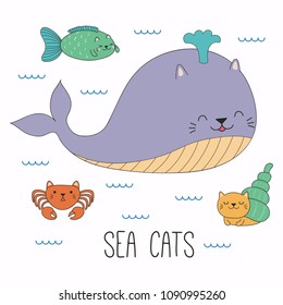 Hand drawn vector illustration of a kawaii funny cat whale, fish, hermit crab, swimming in the sea. Isolated objects on white background. Line drawing. Design concept for children print.