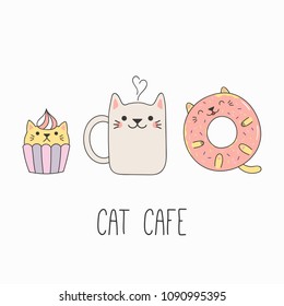 Hand drawn vector illustration of a kawaii funny steaming mug cup, cupcake and donut with cat ears. Isolated objects on white background. Line drawing. Design concept for cat cafe menu, children print