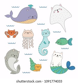 Hand drawn vector illustration of a kawaii funny sea animals with cat ears, swimming in the sea. Isolated objects on white background. Line drawing. Design concept for children print.