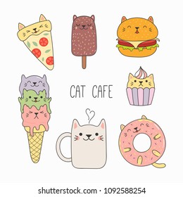Hand drawn vector illustration kawaii funny food   steaming mug cup and cat ears  Isolated objects white background  Line drawing  Design concept for cat cafe menu  children print 