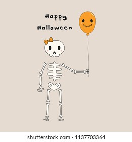 Hand drawn vector illustration of a kawaii funny skeleton with a balloon, with text Happy Halloween. Isolated objects. Line drawing. Design concept for print, card, party invitation.