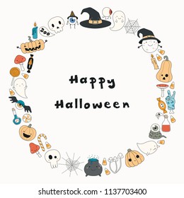 Hand drawn vector illustration of a kawaii funny Halloween wreath, with pumpkins, ghosts, candy, witch hat, moon, text. Isolated objects. Line drawing. Design concept for print, card, invitation