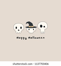 Hand drawn vector illustration of a kawaii funny skulls, witch hat, with text Happy Halloween. Isolated objects. Line drawing. Design concept for print, card, party invitation.