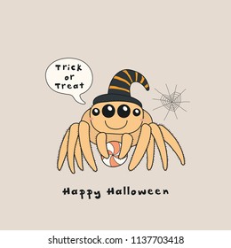 Hand drawn vector illustration kawaii funny spider  and text Happy Halloween  Trick treat in speech bubble  Isolated objects  Line drawing  Design concept for print  card  party invitation 