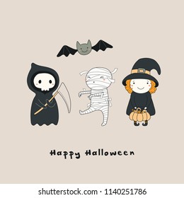 Hand drawn vector illustration of a kawaii funny death, witch, mummy, bat, with text Happy Halloween. Isolated objects. Line drawing. Design concept for print, card, party invitation.