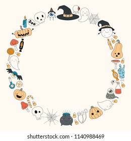 Hand drawn vector illustration of a kawaii funny Halloween wreath, with pumpkins, ghosts, candy, witch hat, moon, copy space. Isolated objects. Line drawing. Design concept for print, card, invitation