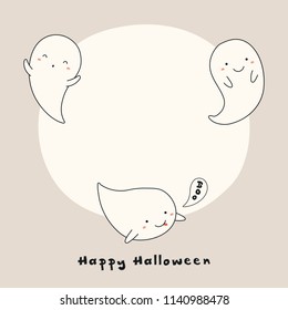 Hand drawn vector illustration of a kawaii funny ghosts, with text Happy Halloween, space for copy. Isolated objects. Line drawing. Design concept for print, card, invitation.